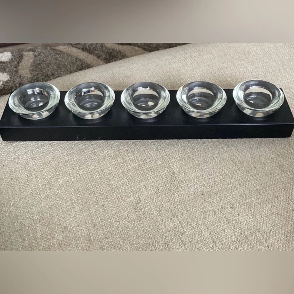 Vintage Pier 1 Black Wood 5 Glass Tea Light Candle Holder Tray.